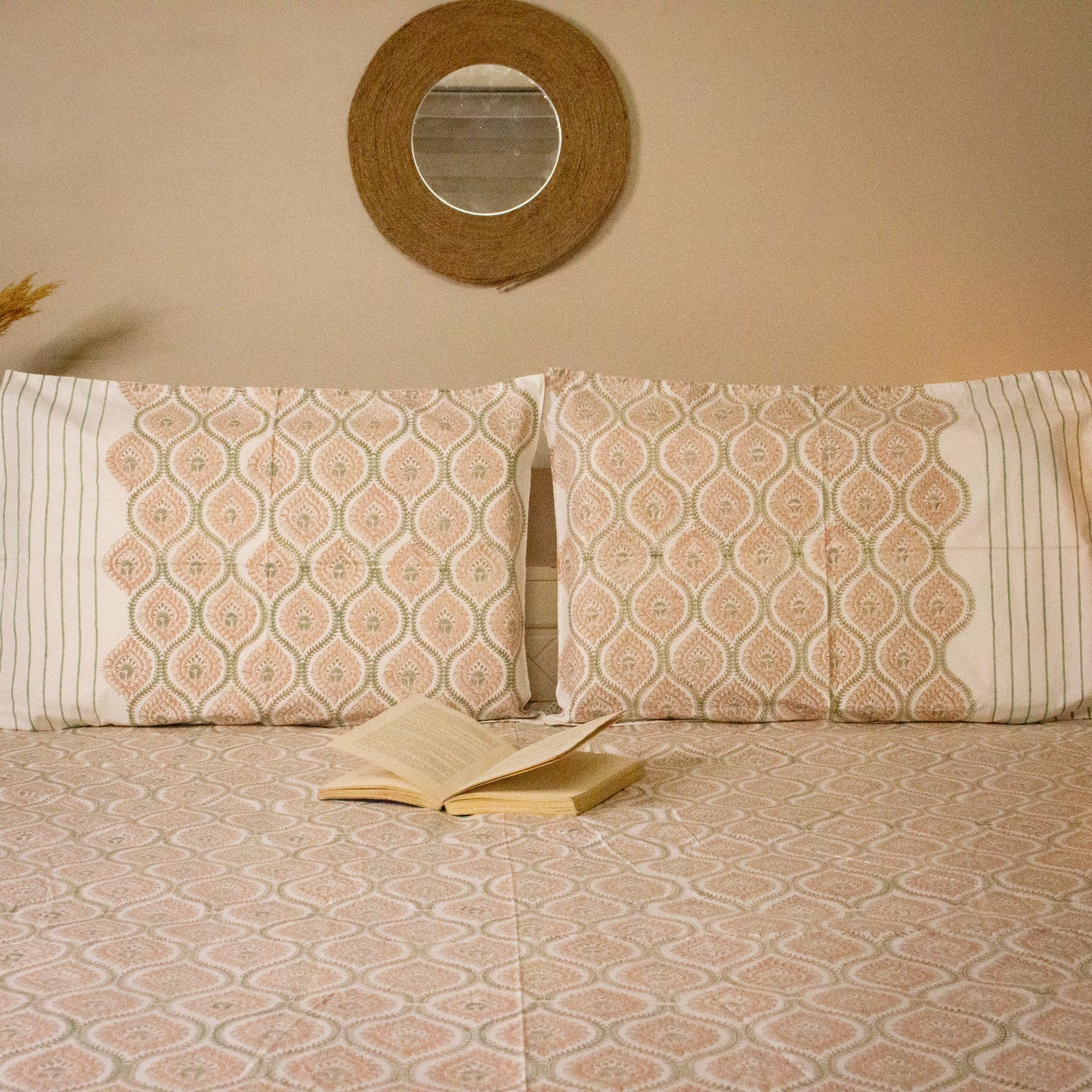 Magnolia Hand Block Printed BedSheet pure cotton Super King bedsheet set by Heritagewear
