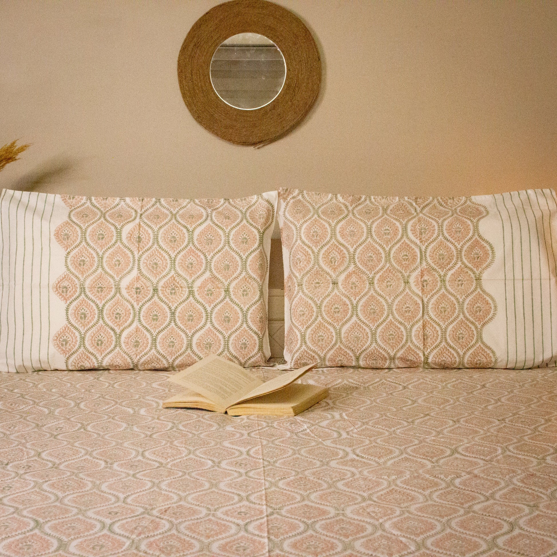 Magnolia Hand Block Printed BedSheet pure cotton Super King bedsheet set by Heritagewear