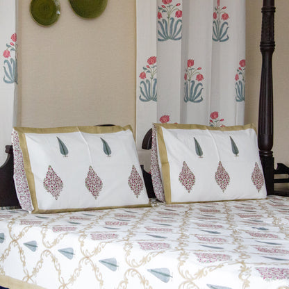 Champa Blossom Hand Block Printed Cotton King Size Bedsheet Set