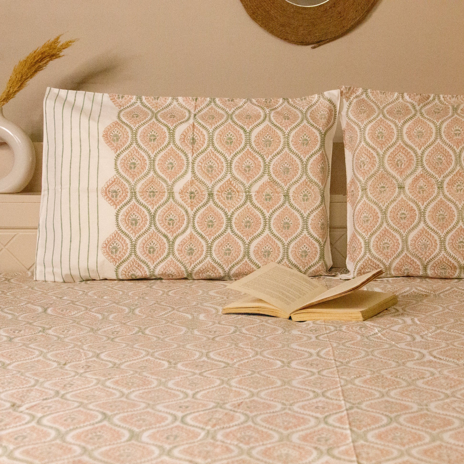 Magnolia Hand Block Printed Bedsheet Pure Cotton Super King Bedsheet by Heritagewear