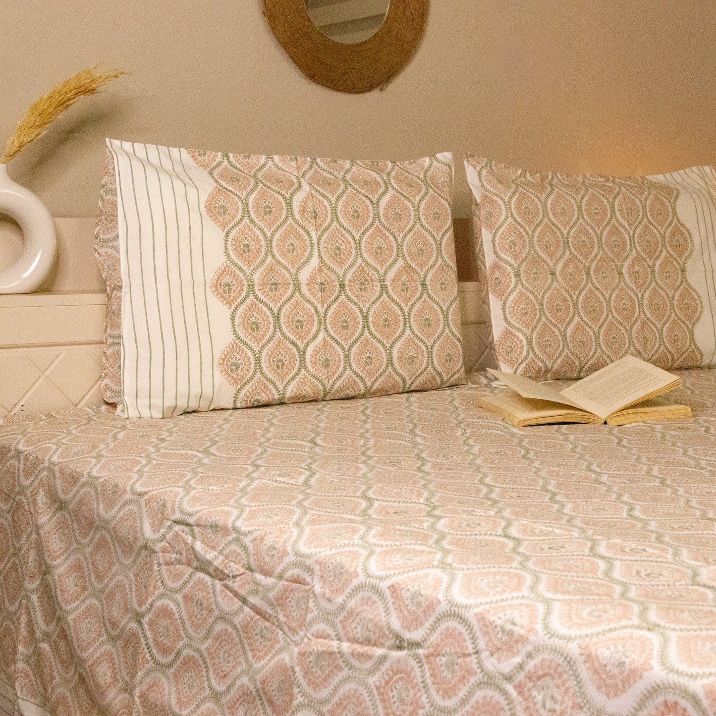 Magnolia Hand Block Printed Bedsheet Pure Cotton Super King Bedsheet by Heritagewear