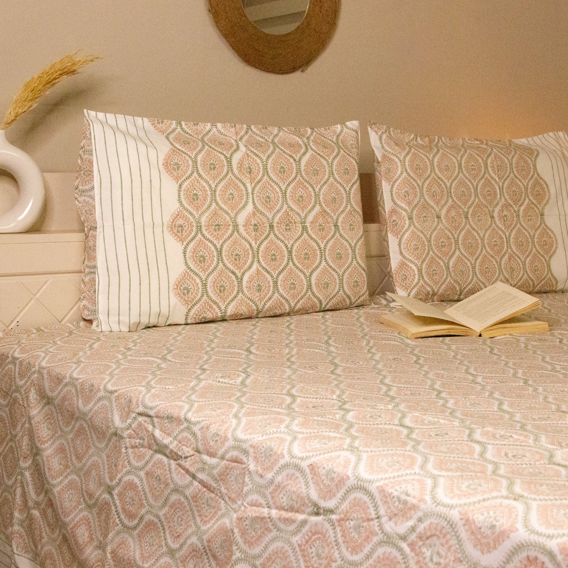 Magnolia Hand Block Printed Bedsheet Pure Cotton Super King Bedsheet by Heritagewear