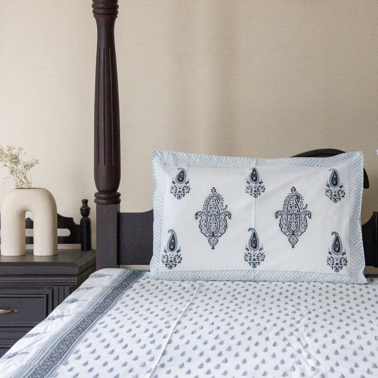 Ash Hand Block Printed Cotton King Size Bedsheet Set