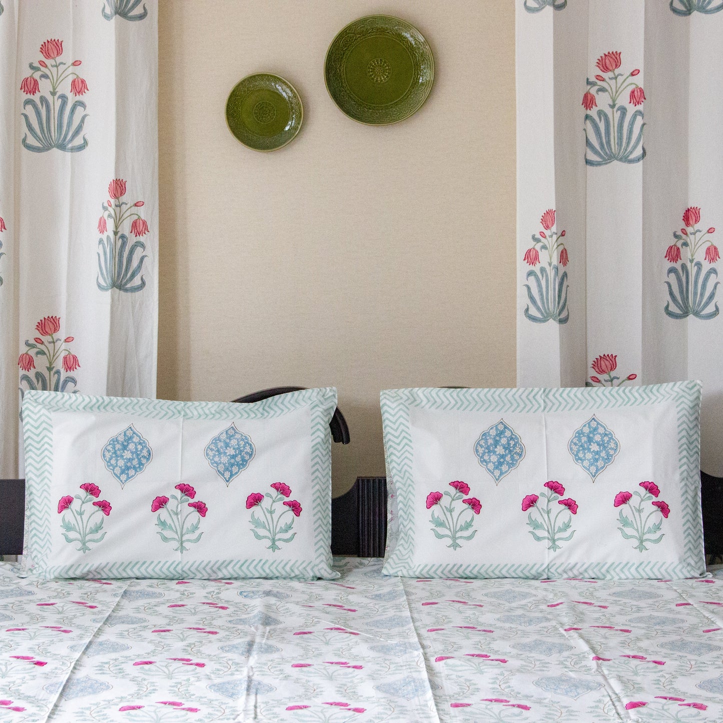 Lotus Serenity Hand Block Printed Cotton King Size Bedsheet Set