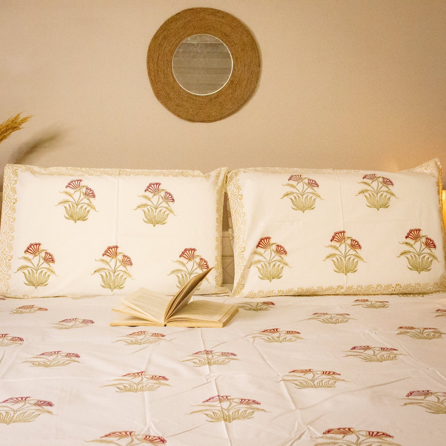 Azalea Bloom Hand Block Printed Bed Sheets Pure Cotton Super King Bedsheet by Heritagewear