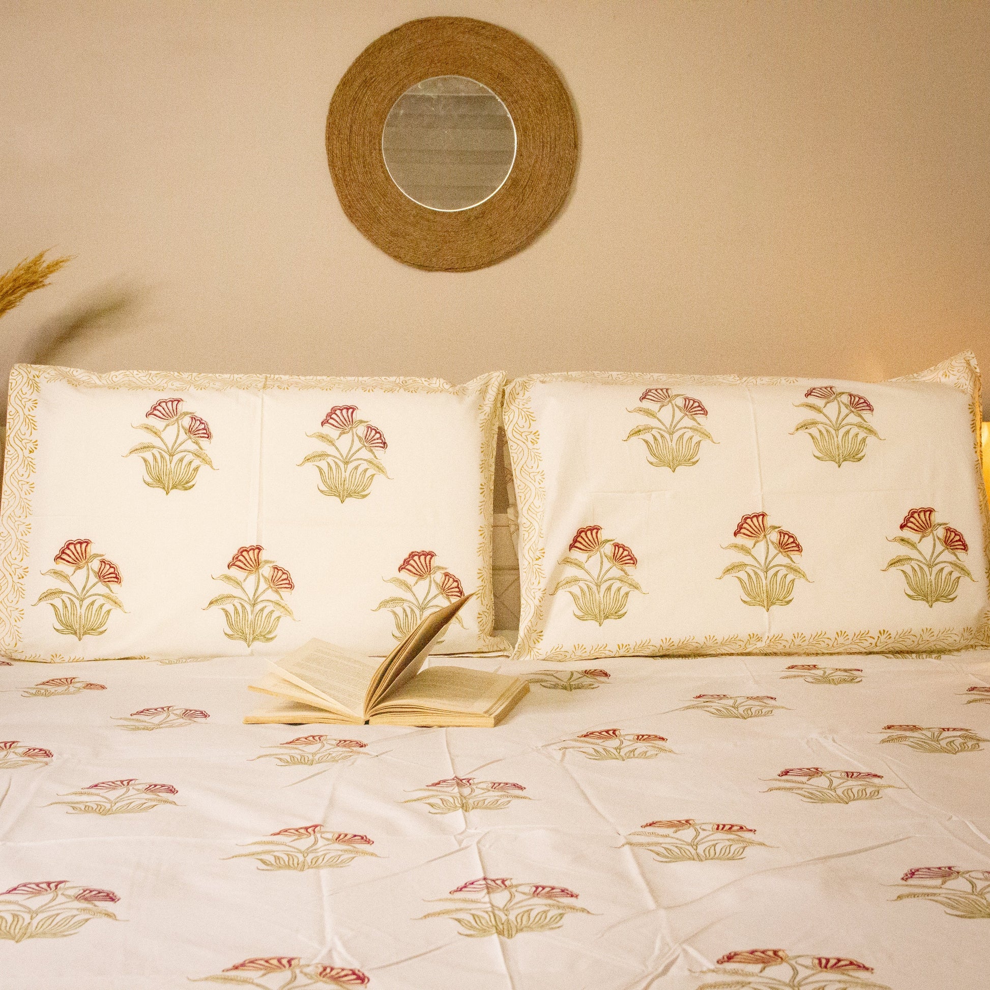 Azalea Bloom Hand Block Printed Bed Sheets Pure Cotton Super King Bedsheet by Heritagewear