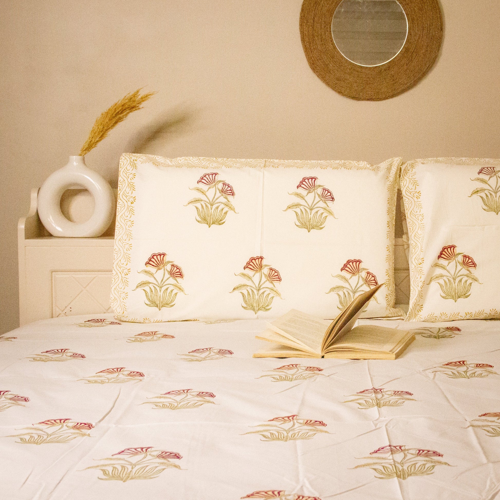 Azalea Bloom Hand Block Printed Bed Sheets pure cotton Super King bedsheet set by Heritagewear