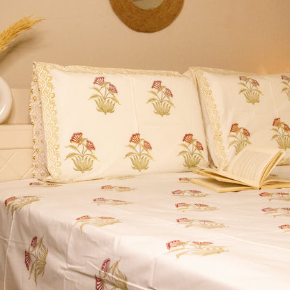 Azalea Bloom Hand Block Printed Bed Sheets Pure Cotton Super King Bedsheet by Heritagewear