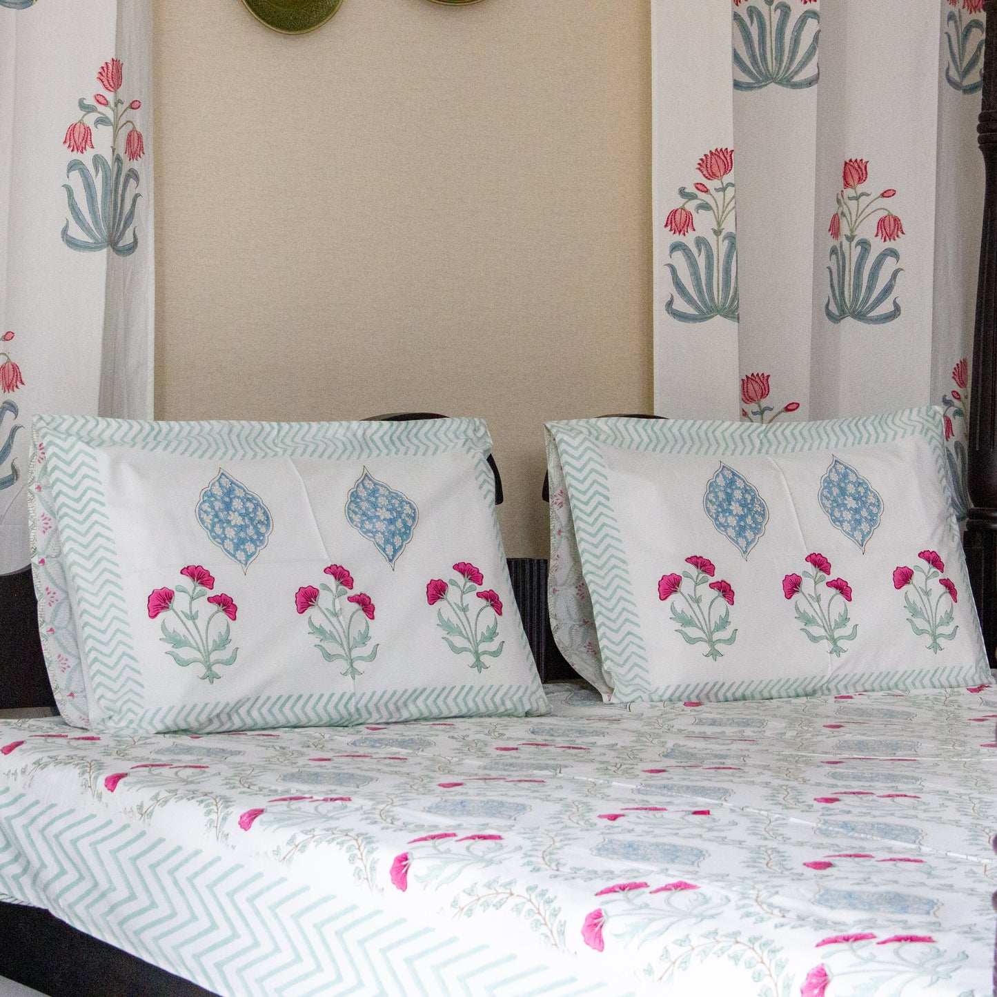 Lotus Serenity Hand Block Printed Cotton King Size Bedsheet Set