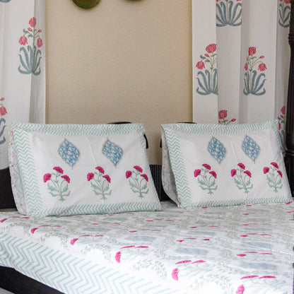 Lotus Serenity Hand Block Printed Cotton King Size Bedsheet Set