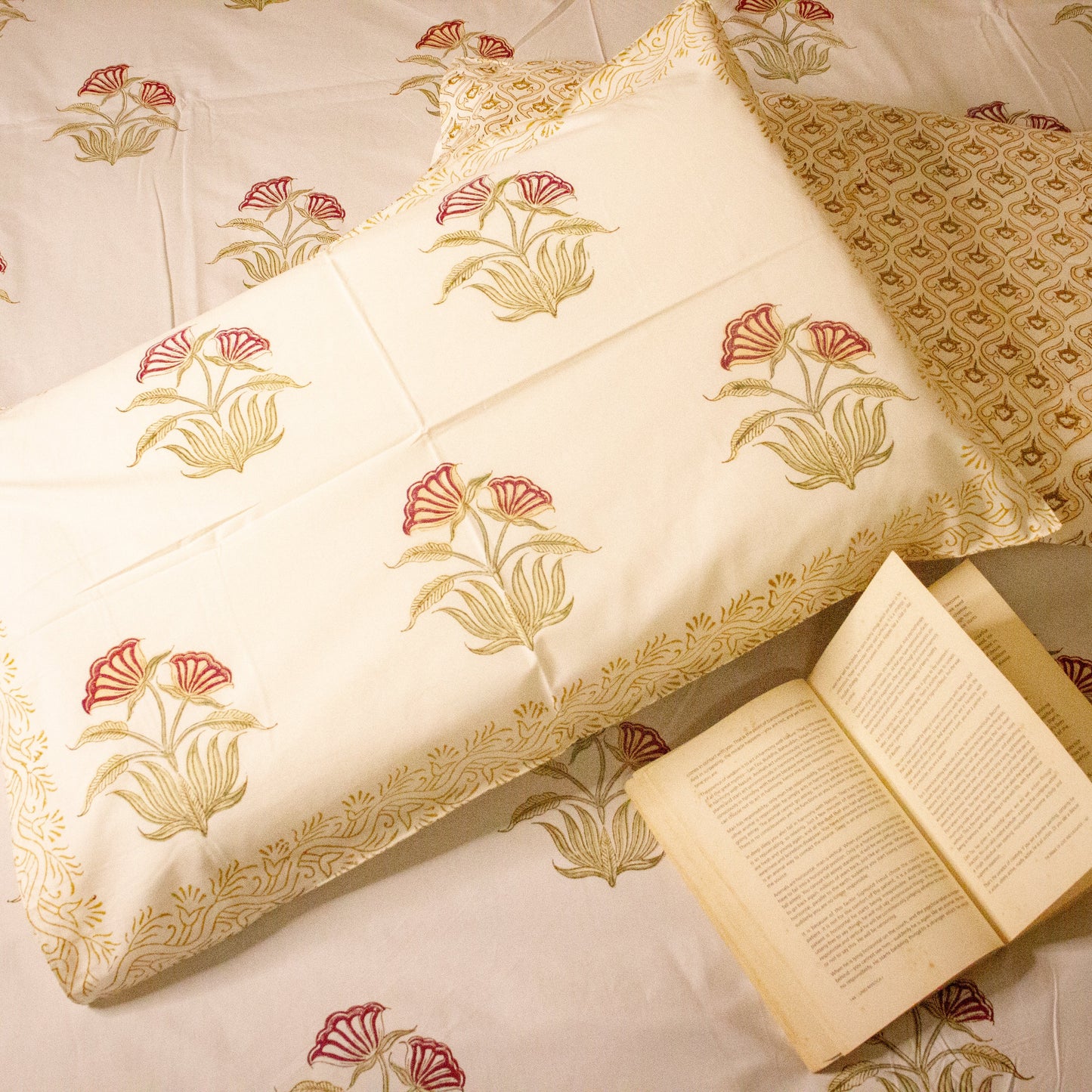 Azalea Bloom Hand Block Printed Bed Sheets Pure Cotton Super King Bedsheet by Heritagewear