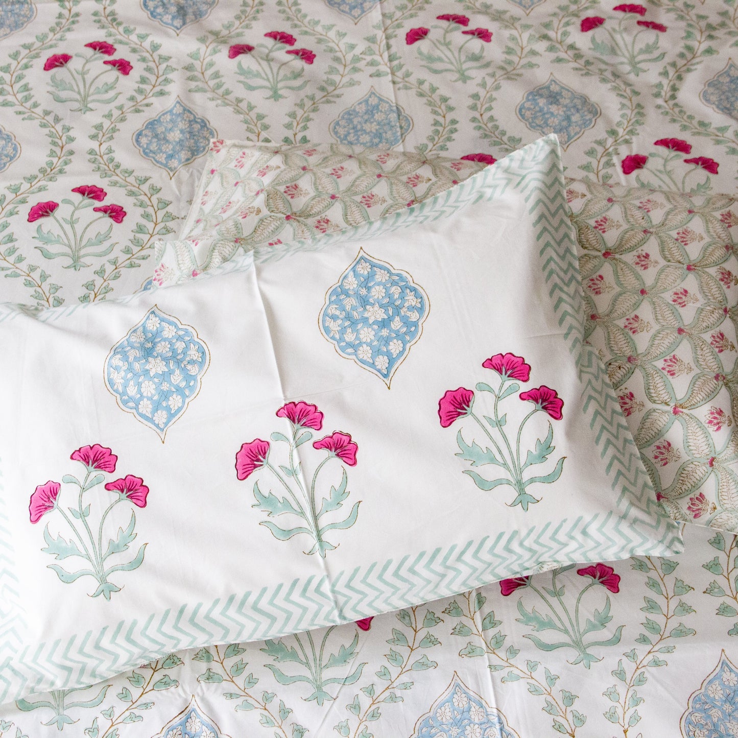Lotus Serenity Hand Block Printed Cotton King Size Bedsheet Set