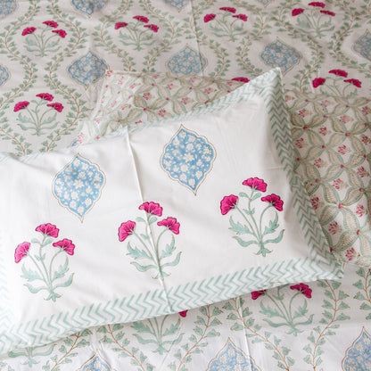 Lotus Serenity Hand Block Printed Cotton King Size Bedsheet Set