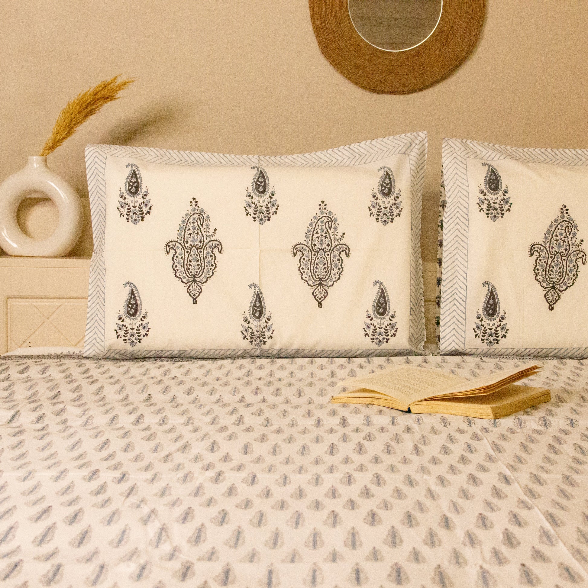 Ash Hand Block Printed Bed Sheets Pure Cotton Super King Bedsheet by Heritagewear