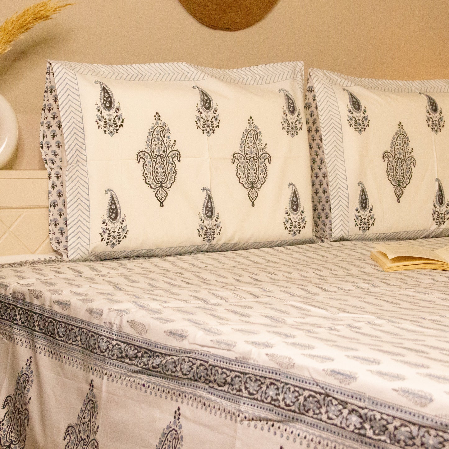 Ash Hand Block Printed Bed Sheets Pure Cotton Super King Bedsheet by Heritagewear
