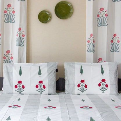 Gardenia Glow Hand Block Printed Cotton King Size Bedsheet Set