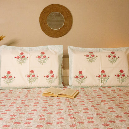 Dahlia Pink Hand Block Printed Bed Sheets pure cotton Super King bedsheet set by Heritagewear