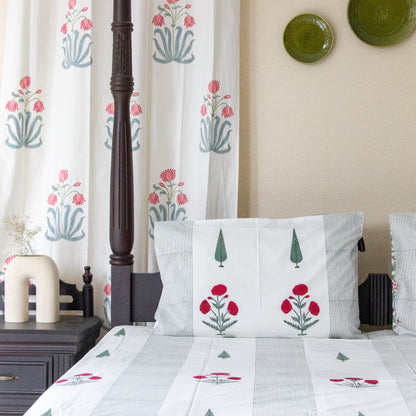 Gardenia Glow Hand Block Printed Cotton King Size Bedsheet Set
