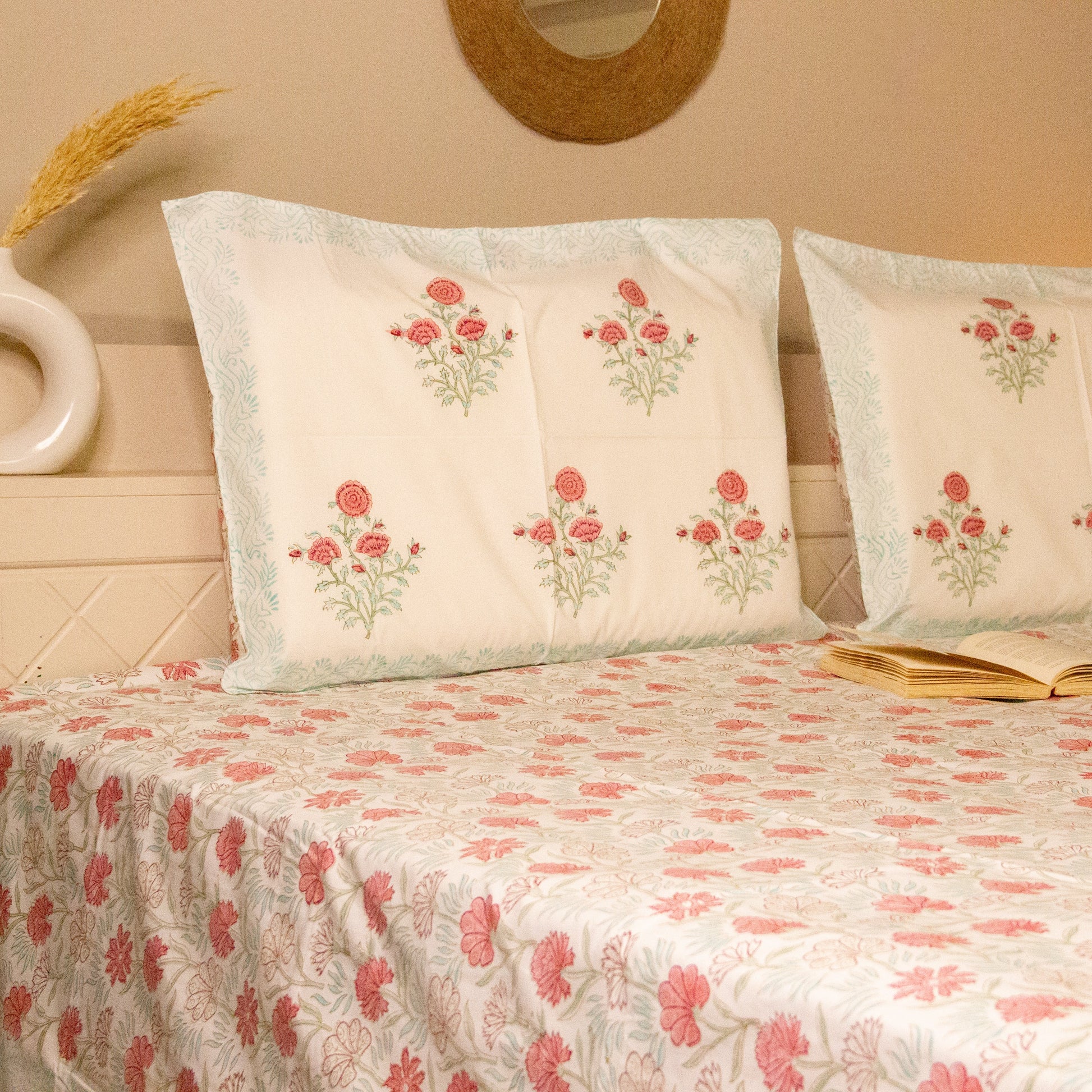 Dahlia Pink Hand Block Printed Bed Sheets Pure Cotton Super King Bedsheet by Heritagewear