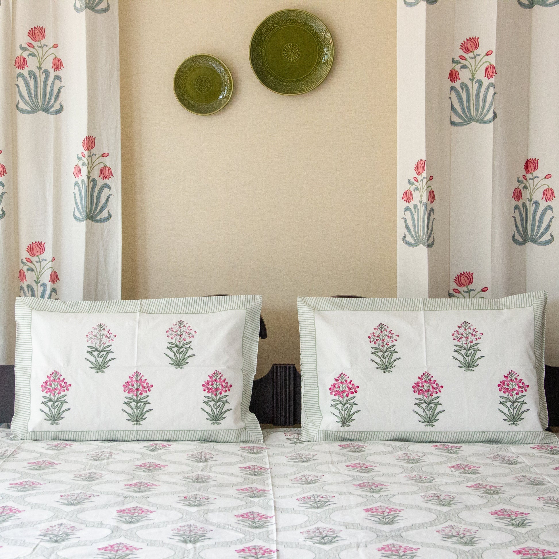 Blooming Meadows Block Printed Bed Sheet pure cotton Super King bedsheet set by Heritagewear