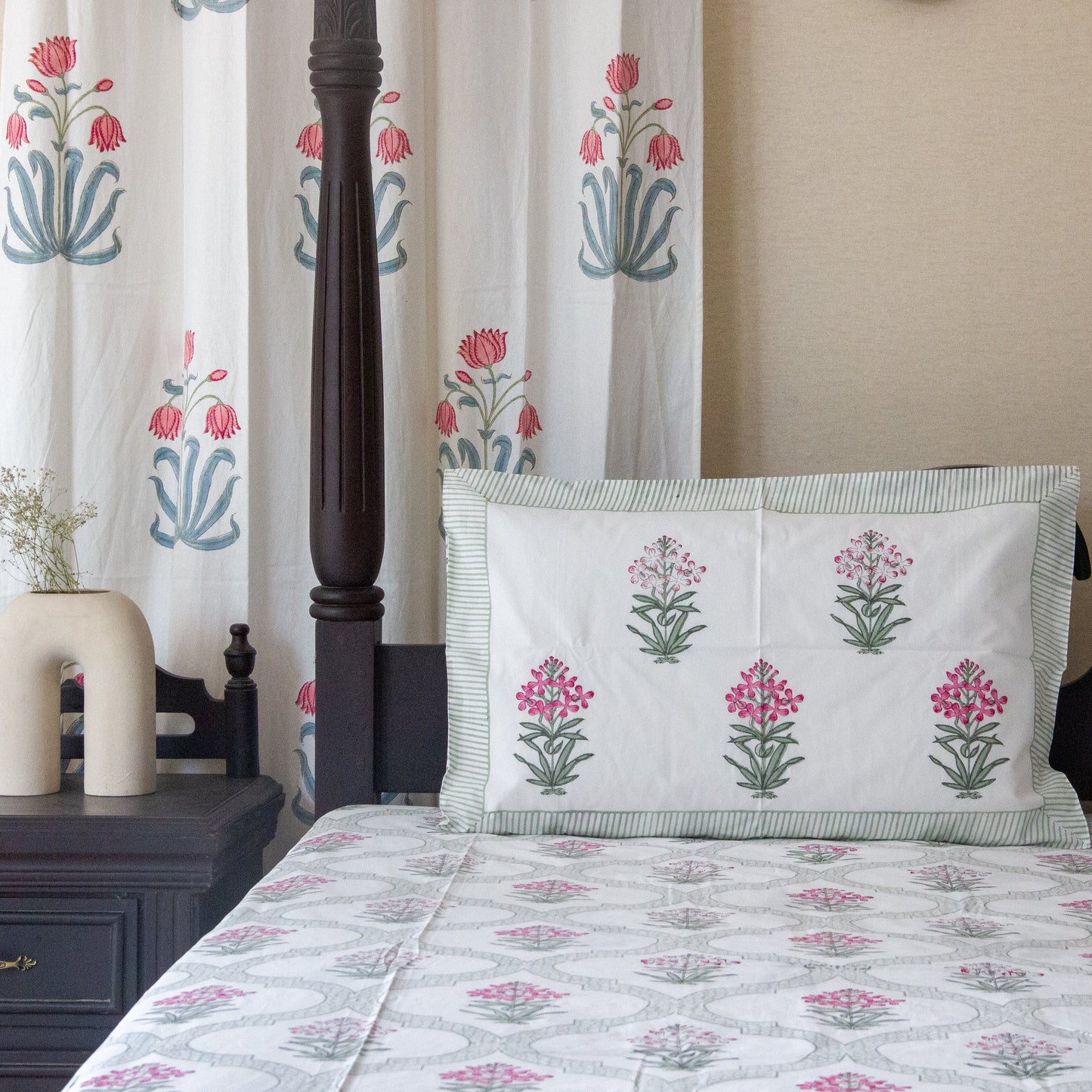Blooming Meadows Block Printed Bed Sheet Pure Cotton Super King Bedsheet by Heritagewear