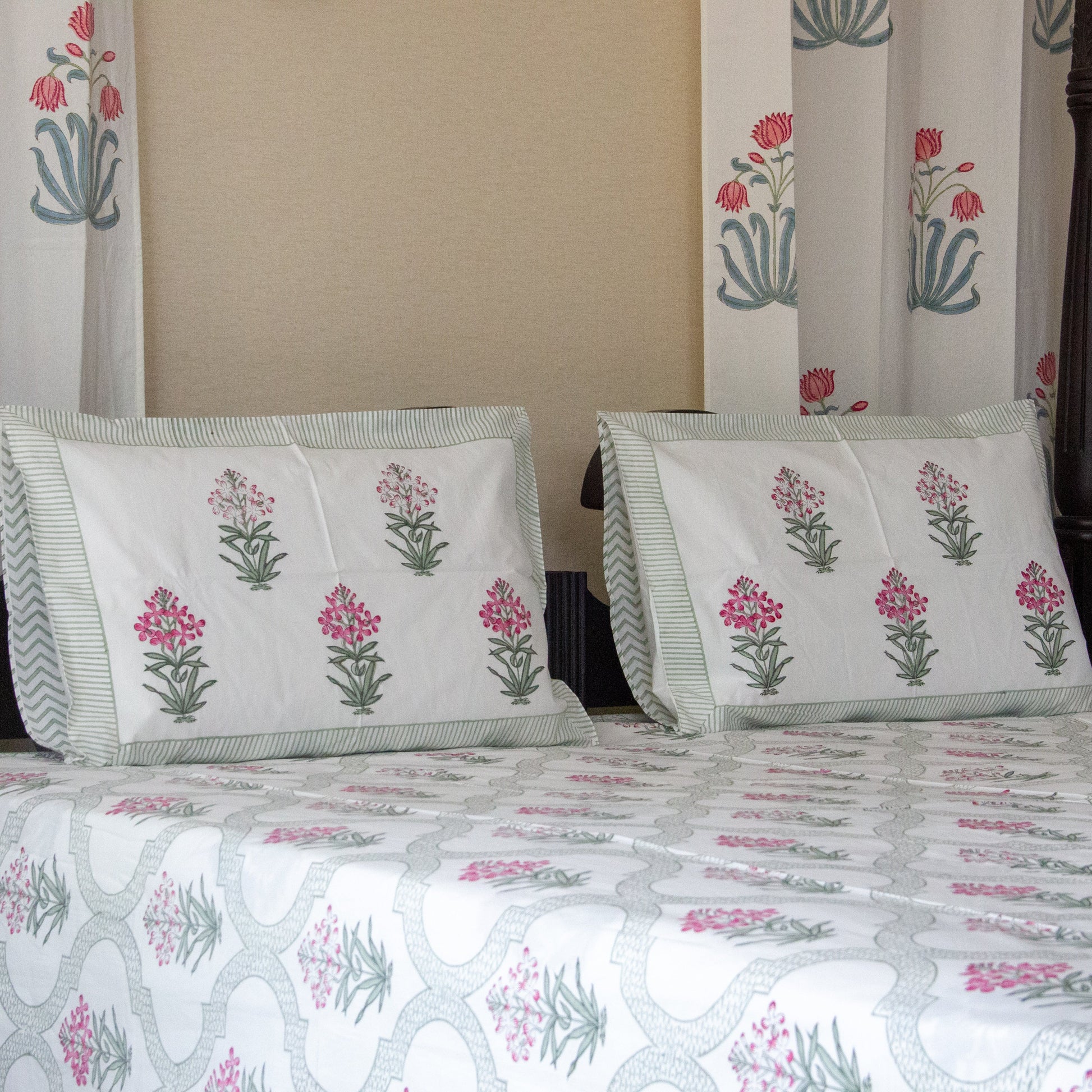 Blooming Meadows Block Printed Bed Sheet Pure Cotton Super King Bedsheet by Heritagewear
