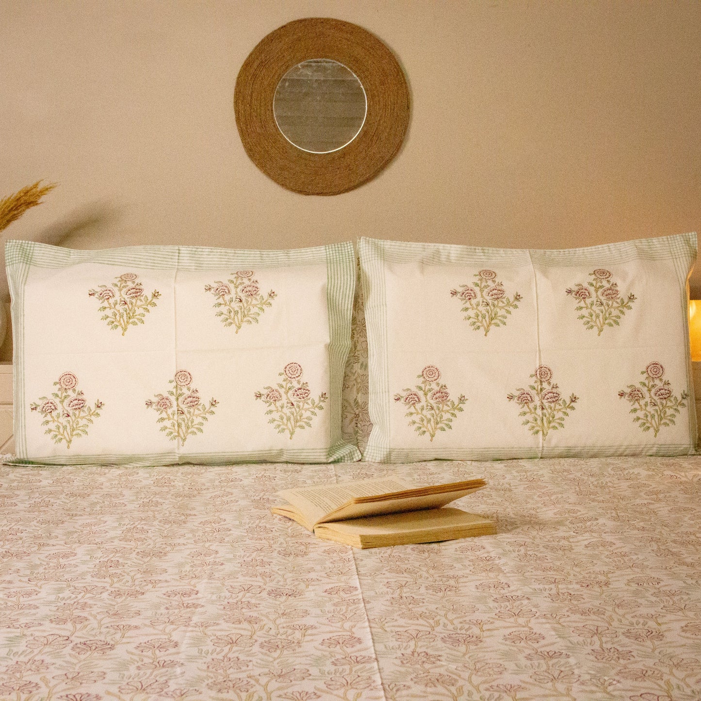 Dahlia White Hand block printed Bed Sheets pure cotton Super King bedsheet set by Heritagewear
