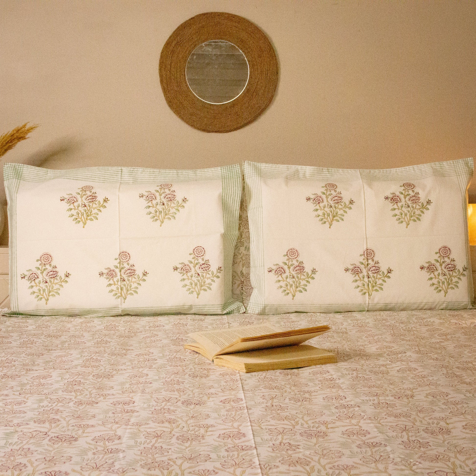 Dahlia White Hand block printed Bed Sheets pure cotton Super King bedsheet set by Heritagewear