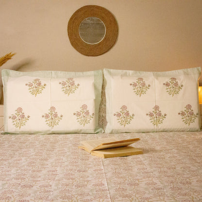 Dahlia White Hand block printed Bed Sheets pure cotton Super King bedsheet set by Heritagewear