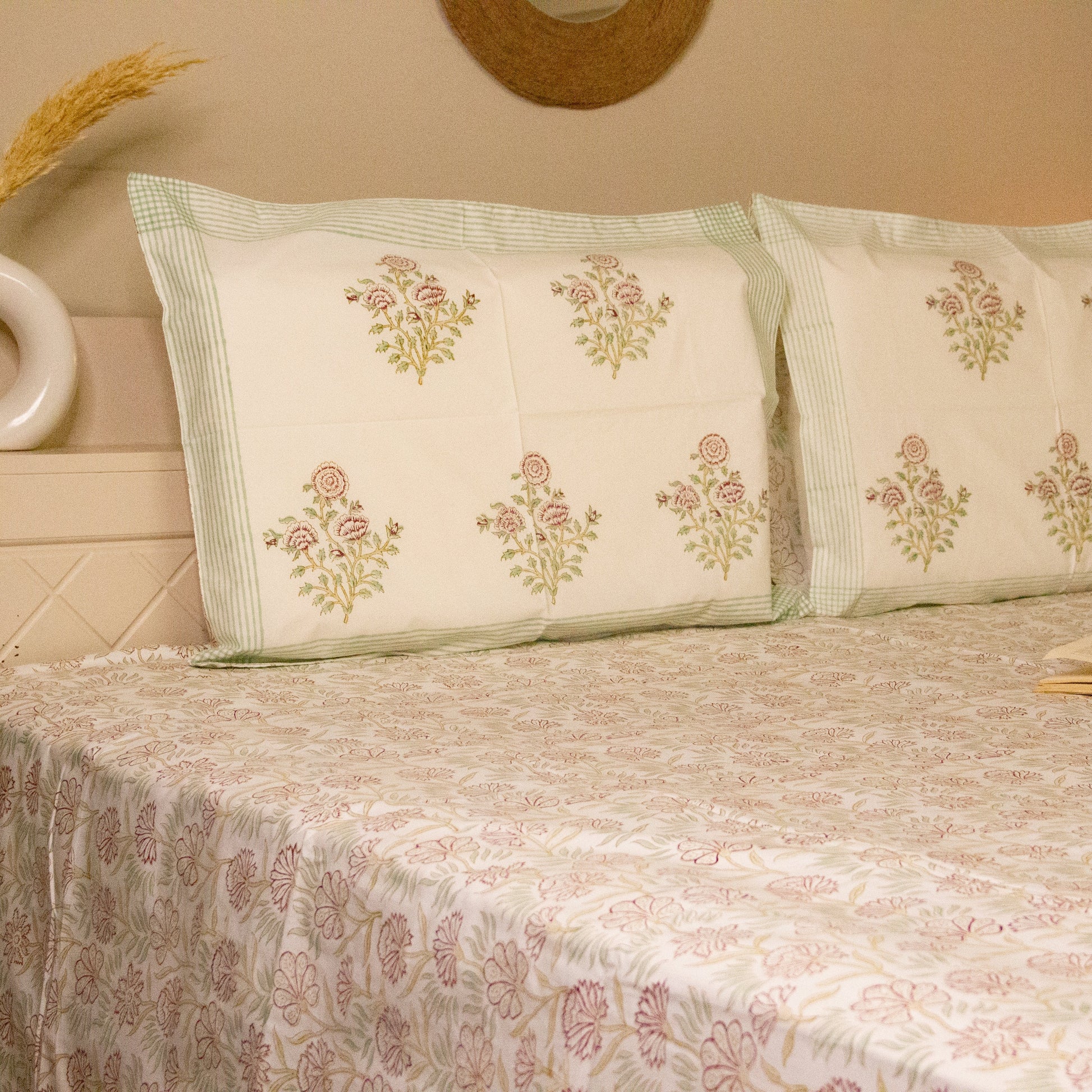 Dahlia White Hand Block Printed Bed Sheets Pure Cotton Super King Bedsheet by Heritagewear