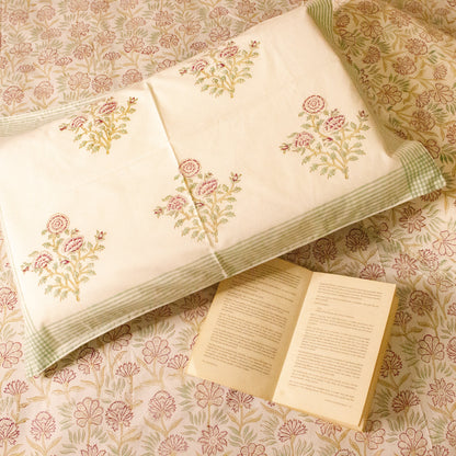 Dahlia White Hand Block Printed Bed Sheets Pure Cotton Super King Bedsheet by Heritagewear