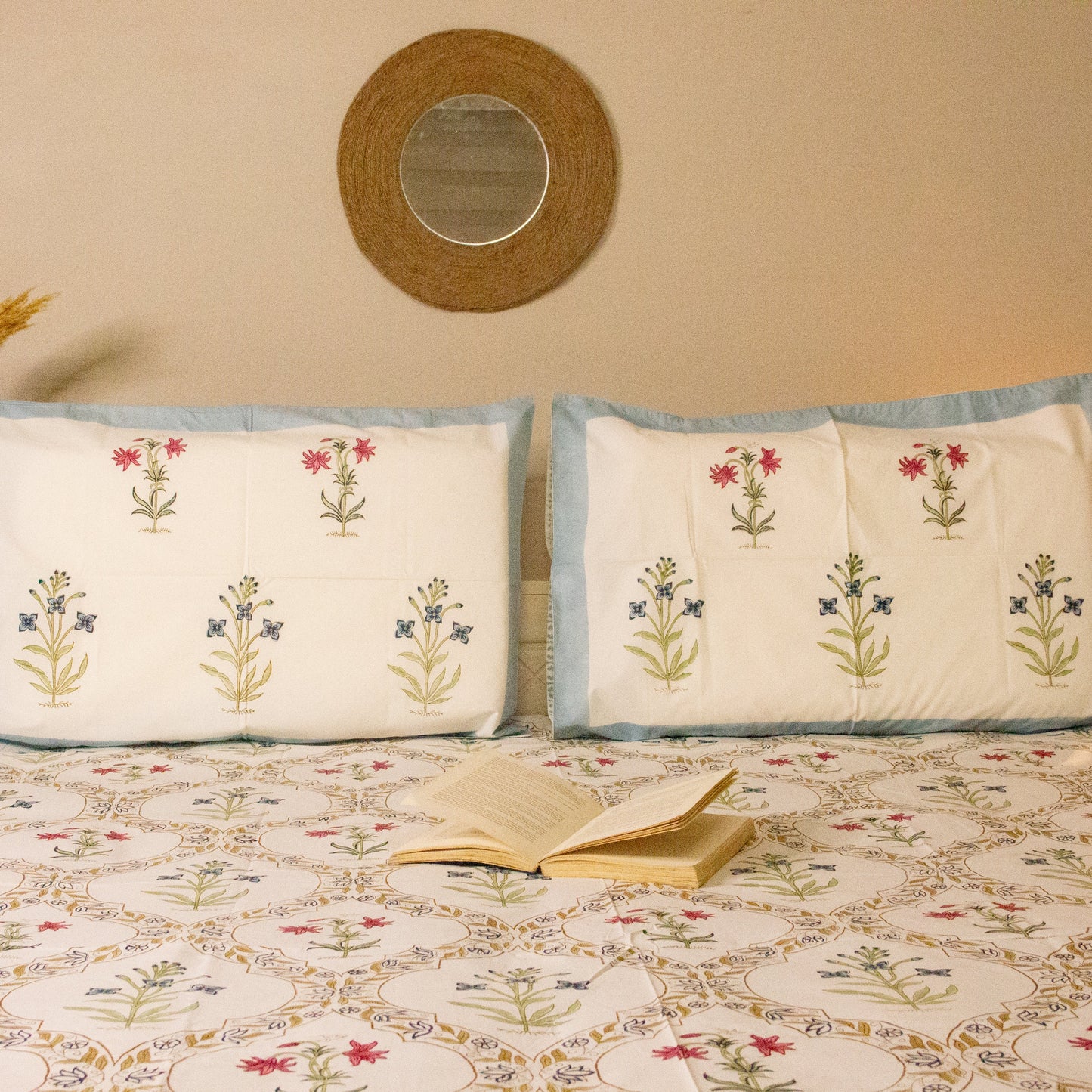 Eden Hand Block Printed Bed Sheets pure cotton Super King bedsheet set by Heritagewear