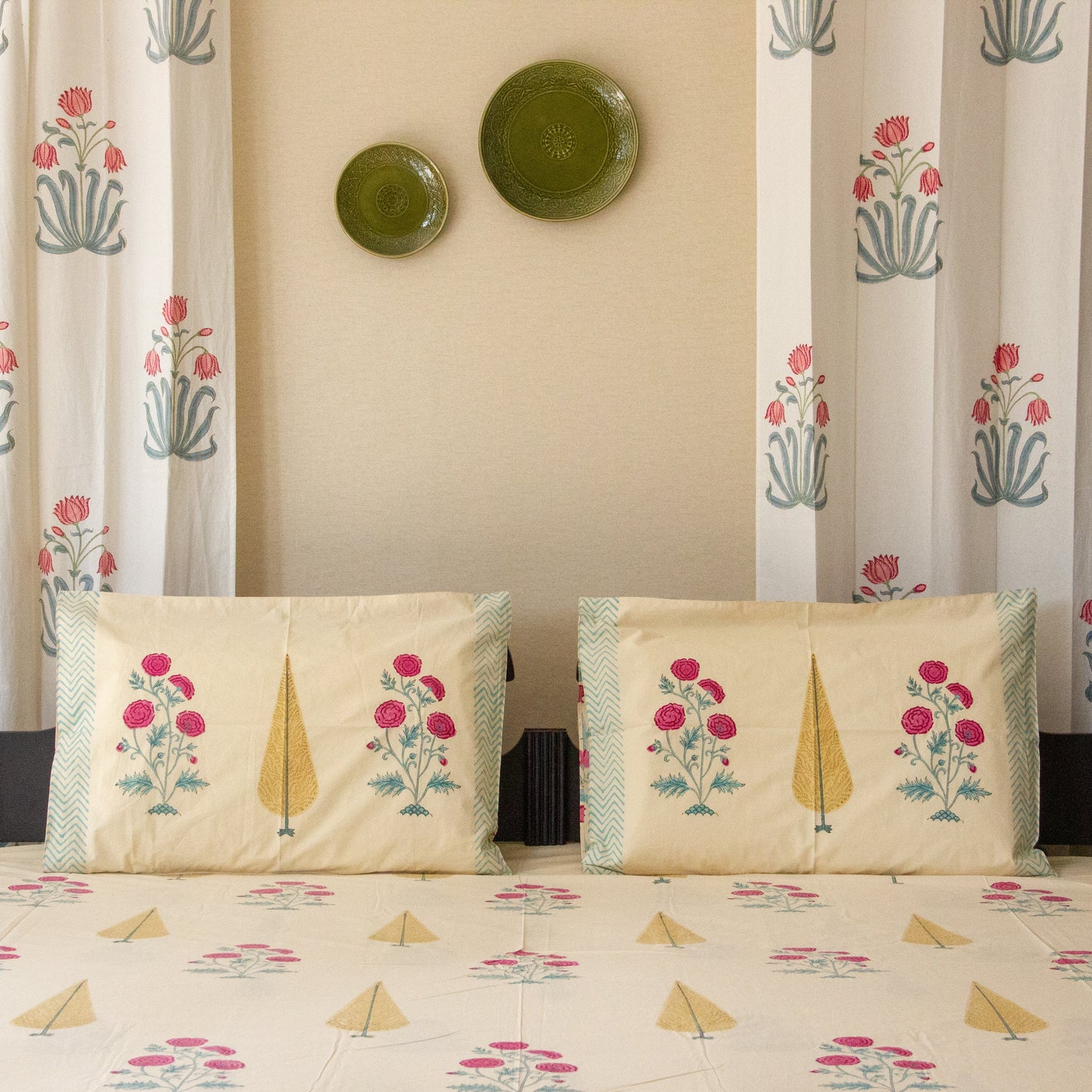 Cypress Serenity Block Printed Bed Sheet pure cotton Super King bedsheet set by Heritagewear