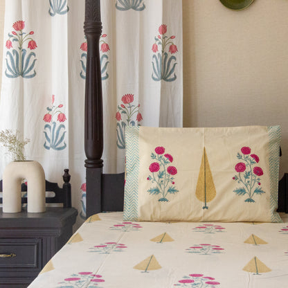 Cypress Serenity Block Printed Bed Sheet Pure Cotton Super King Bedsheet by Heritagewear