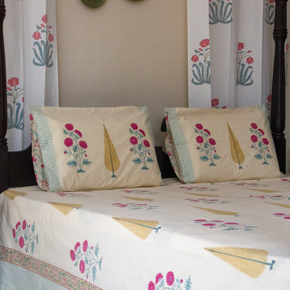 Cypress Serenity Block Printed Bed Sheet Pure Cotton Super King Bedsheet by Heritagewear