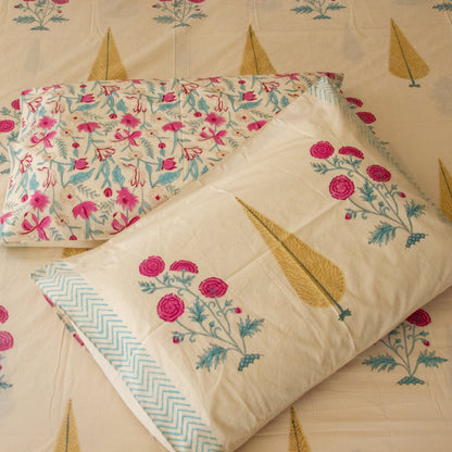 Cypress Serenity Block Printed Bed Sheet Pure Cotton Super King Bedsheet by Heritagewear