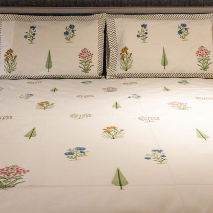 Evergreen Hand Block Printed Bed Sheets pure cotton Super King bedsheet set by Heritagewear