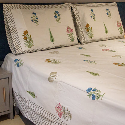 Evergreen Hand Block Printed Bed Sheets Pure Cotton Super King Bedsheet by Heritagewear