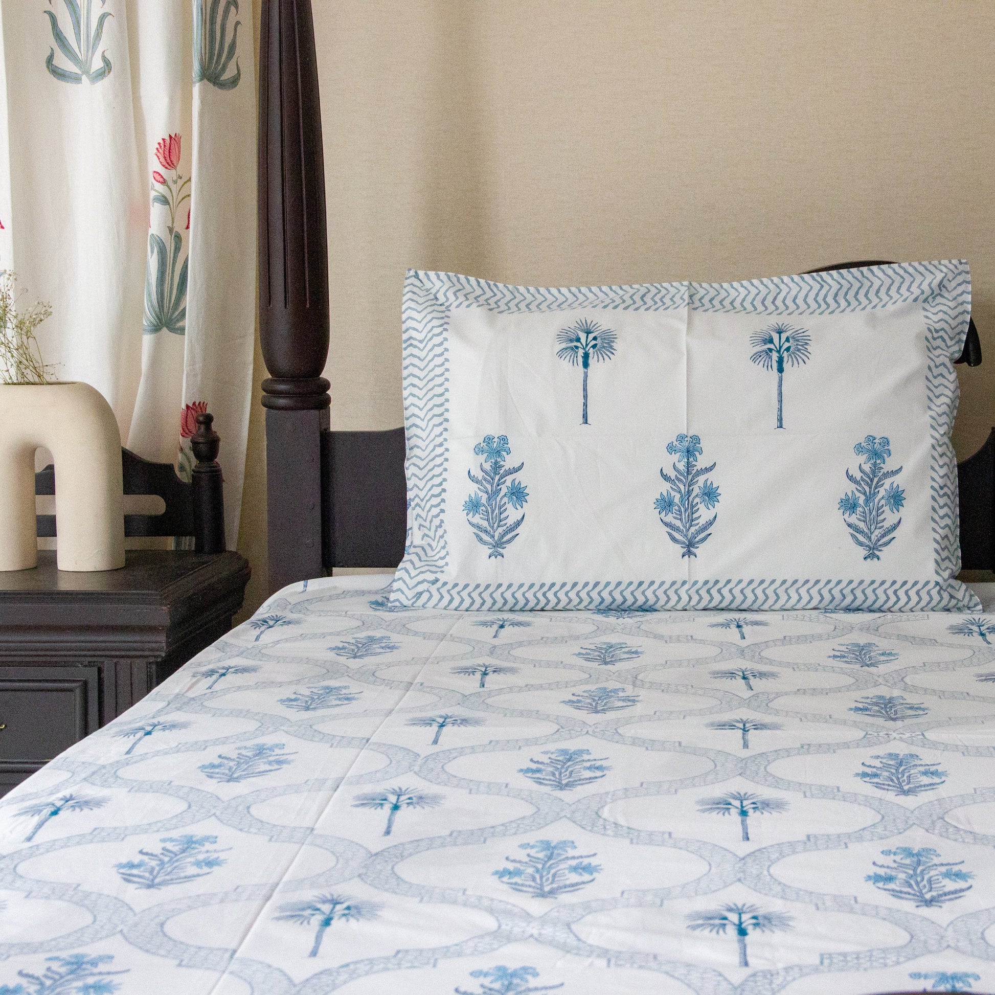 Bluebell Bliss Hand Block Printed Bed Sheet pure cotton Super King bedsheet set by Heritagewear
