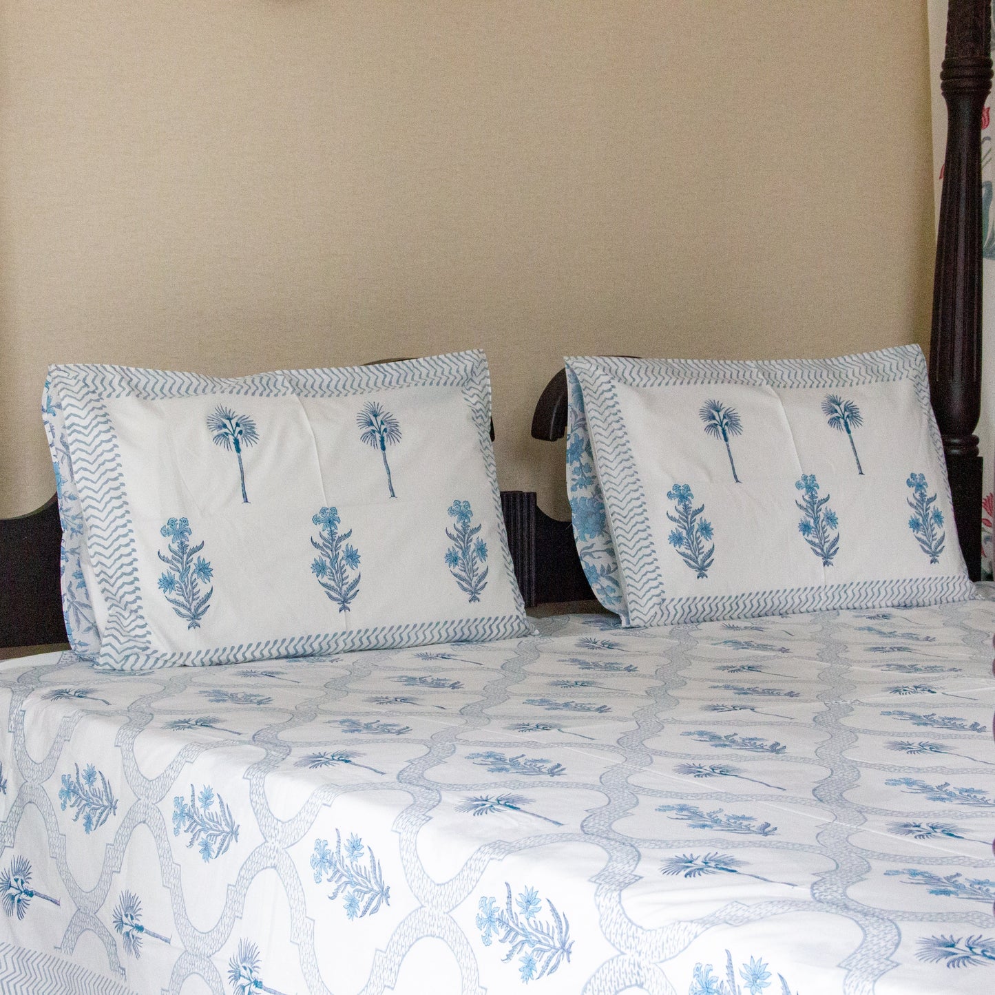 Bluebell Bliss Hand Block Printed Bed Sheet Pure Cotton Super King Bedsheet by Heritagewear