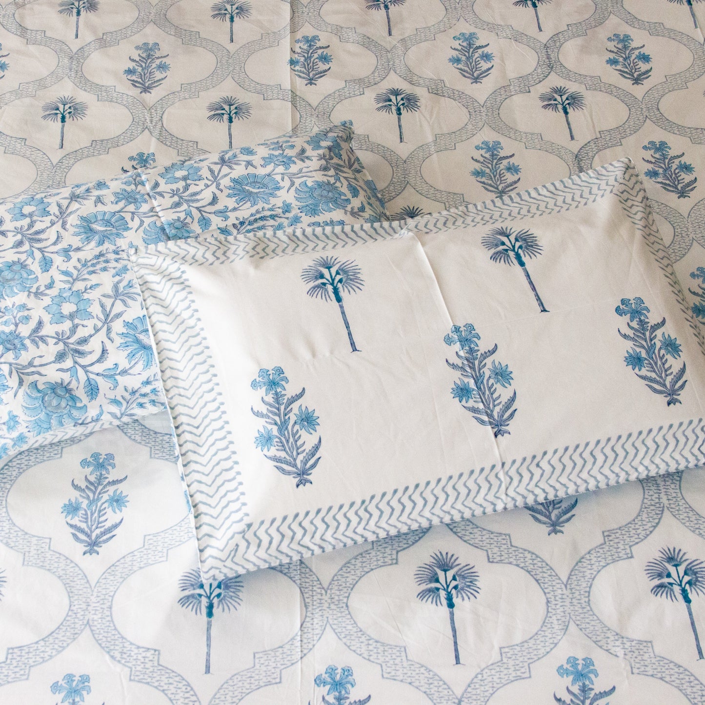 Bluebell Bliss Hand Block Printed Cotton King Size Bedsheet Set