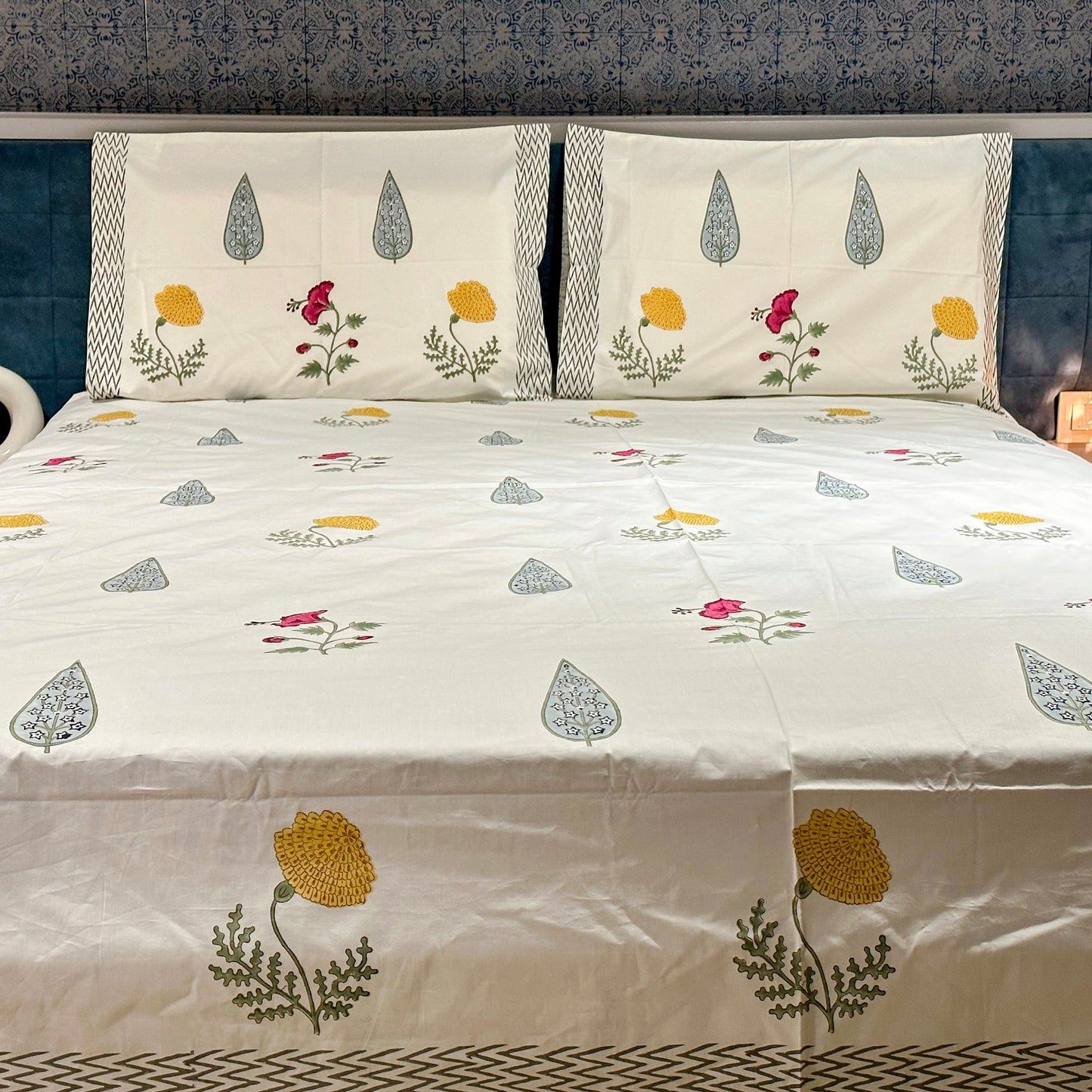 Marigold Hand Block Printed Cotton King Size Bedsheet Set