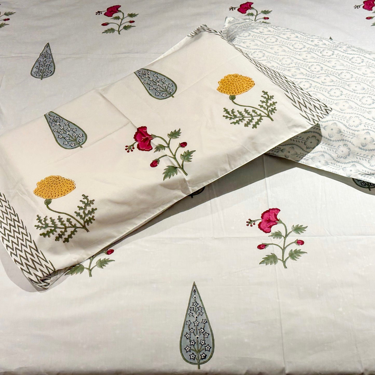 Marigold Hand Block Printed Cotton King Size Bedsheet Set