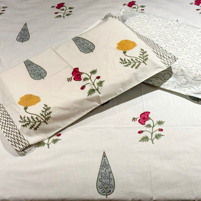Marigold Hand Block Printed Cotton King Size Bedsheet Set