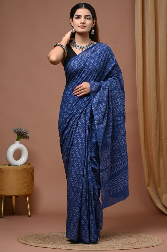 Indigo Blue Print Cotton Saree