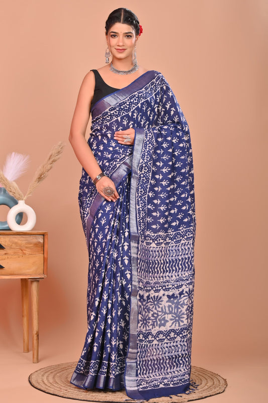 Indigo Hand Block Printed Saree In Linen Cotton With Blouse Piece
