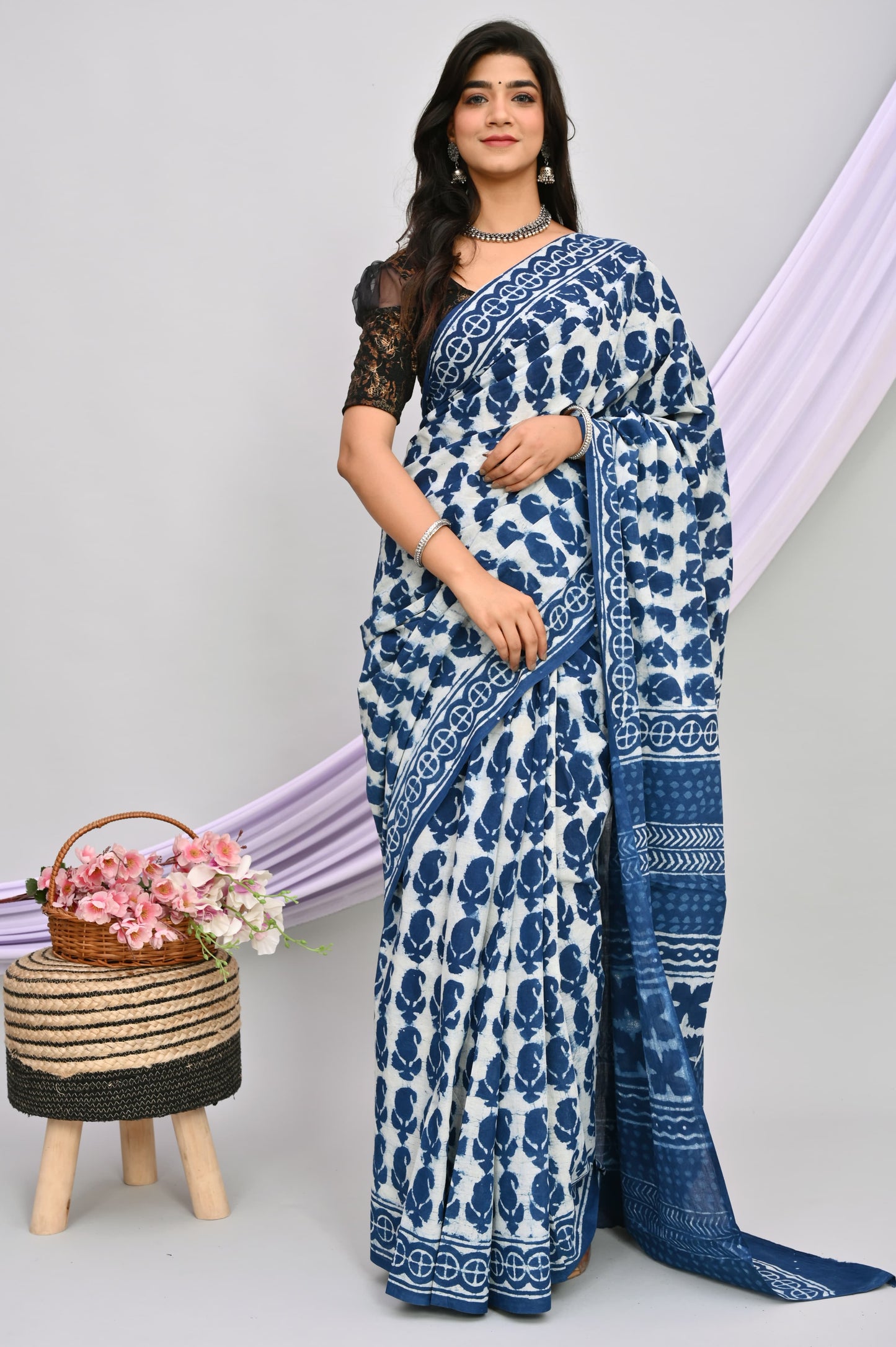 Indigo Dabu Hand Block Printed Cotton Saree With Blouse Piece