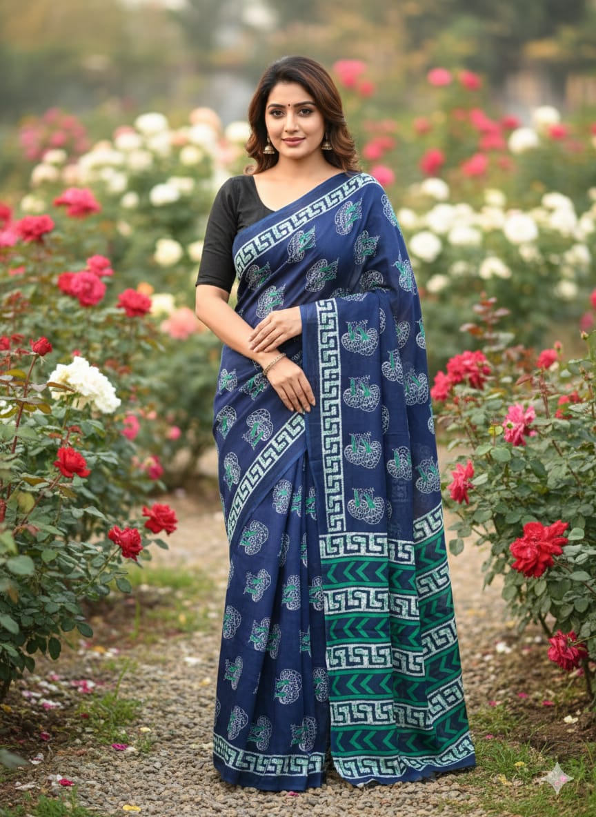 Traditional Jaipuri Printed Mulmul Cotton Saree with Blouse Piece