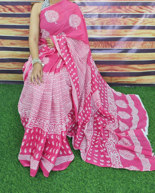Premium Jaipur Cotton Mulmul Saree with Traditional Handblock Print