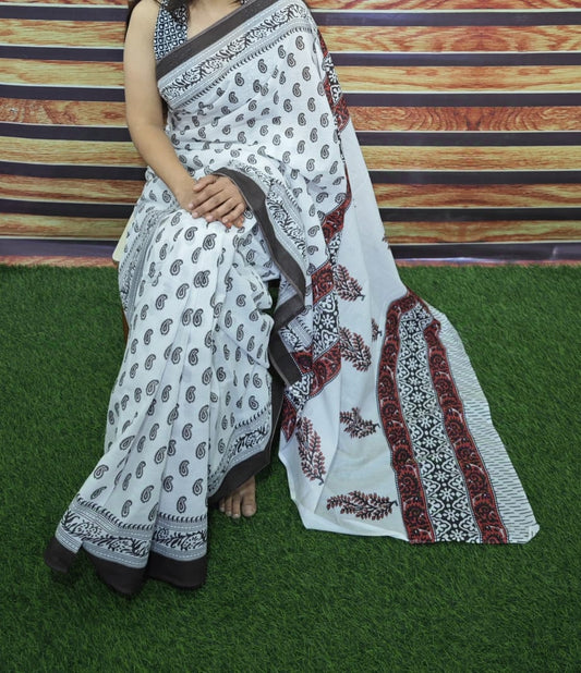 Premium Jaipur Cotton Mulmul Saree with Traditional Handblock Print